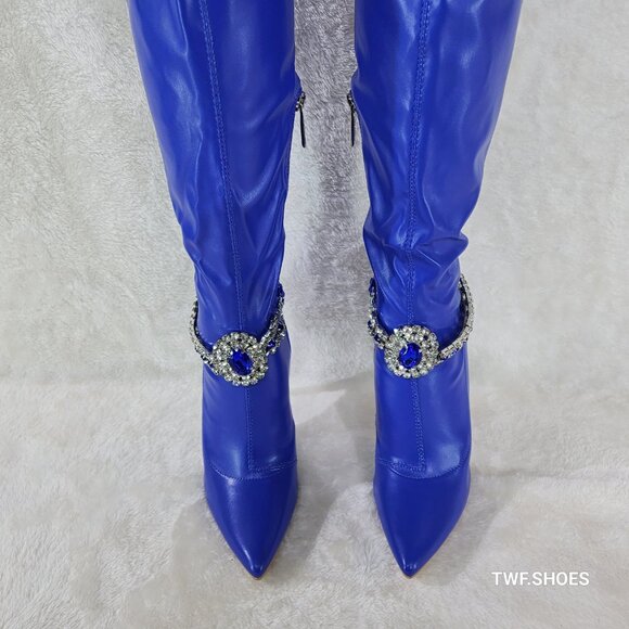 Lawless Bold Blue Stretch Leatherette Rhinestone Ankle Bracelet Thigh High Boots - Picture 15 of 17